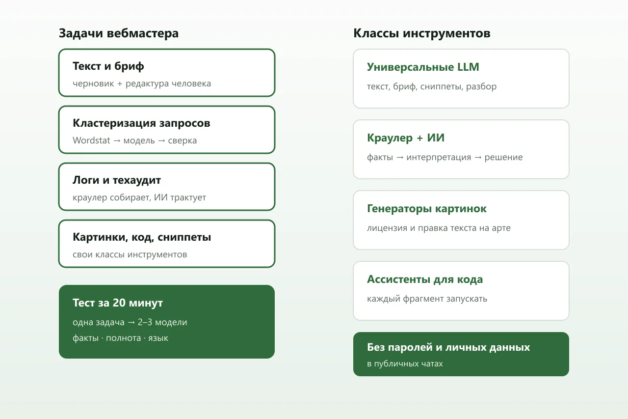 ИИ-инструменты вебмастера по задачам: текст, аудит, картинки, код